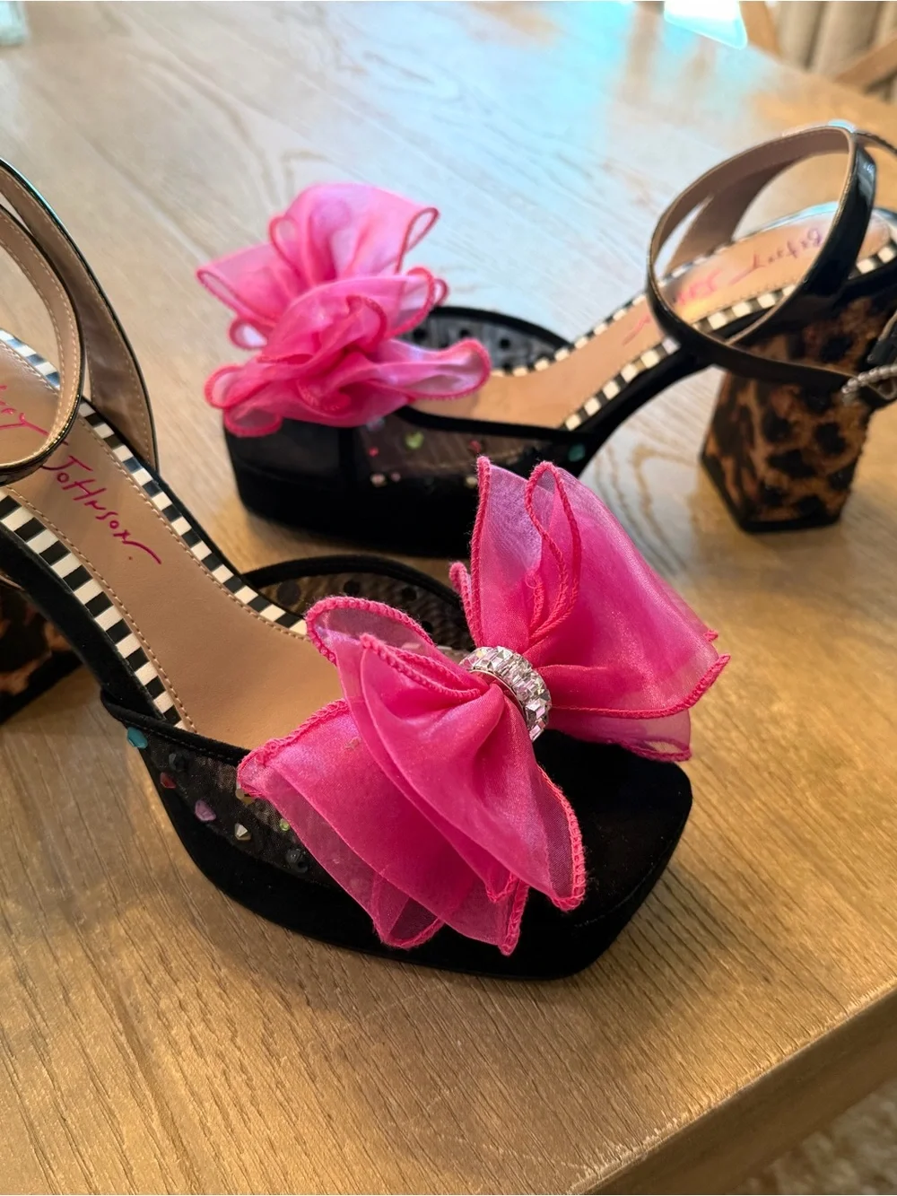 Betsey Johnson Black Platform Sandals with Hot Pink Organza Bows